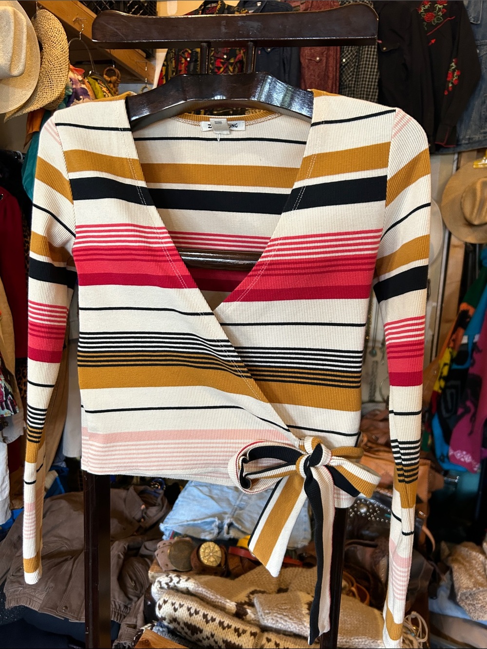 Billabong Striped Wrap Sweater in Cream, Mustard & Pink